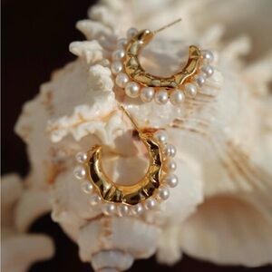 Gold Pearl-Trim Hoop Earrings